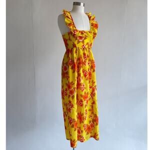 Vtg 60s Hawaiian Yellow Halter Dress Sz 10 Jacqueline's Shirred Tropical Ruffle